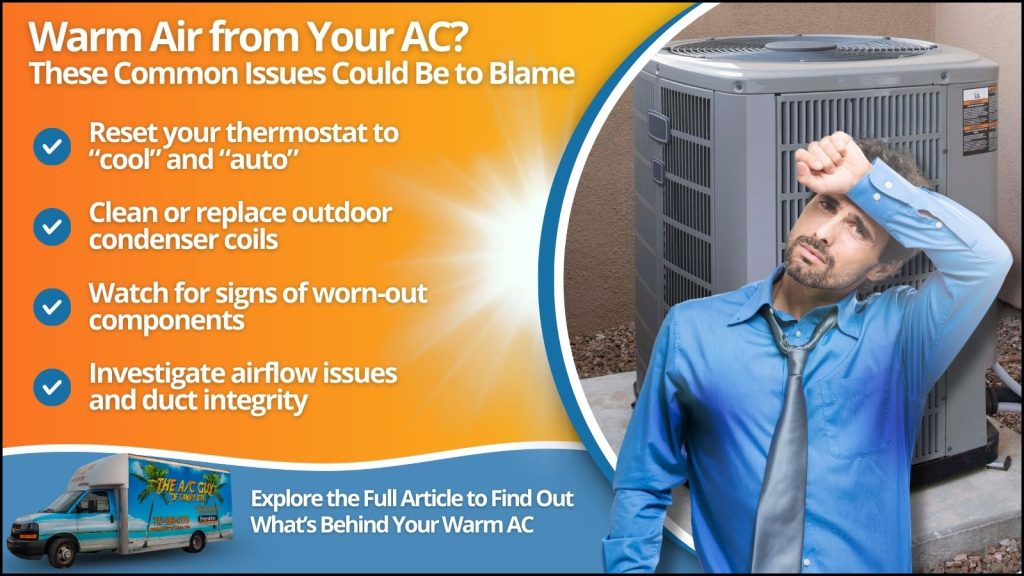 This is an image of an AC unit with a guy sweating overlaid. The headline reads; Warm Air from Your AC? These Common Issues Could Be to Blame.