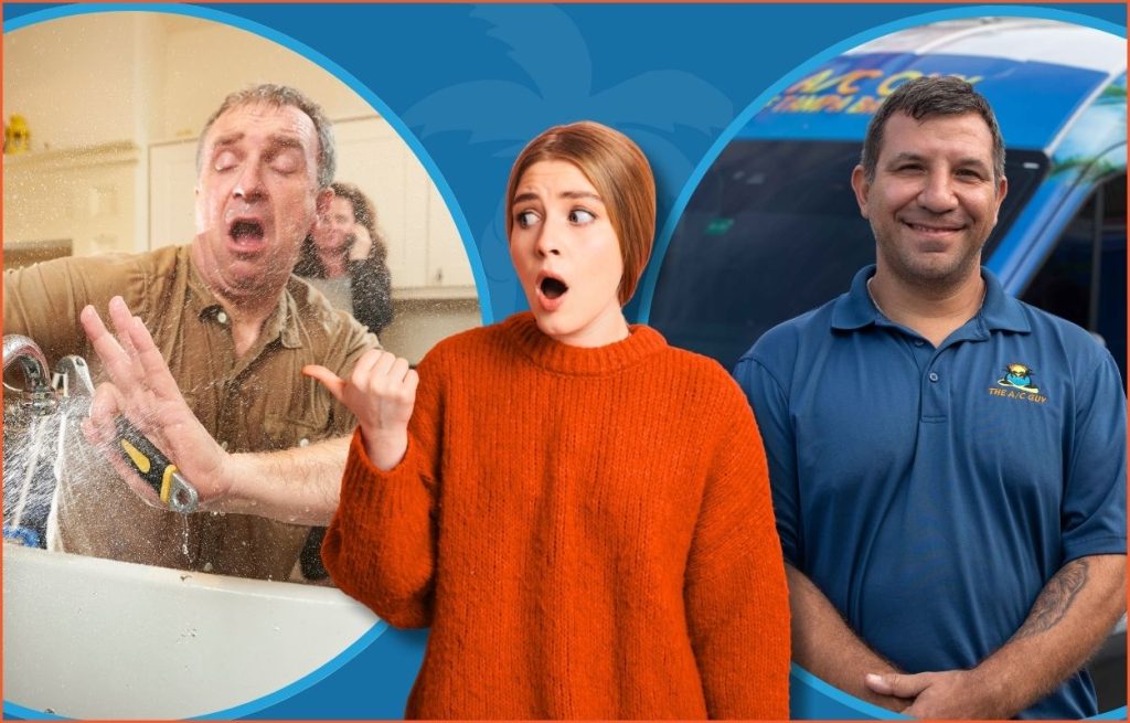 This is an image of a homeowner trying to fix his sink with water spraying everywhere on the opposite side is the AC guy of Tampa HVAC technician in the middle of a woman shocked.