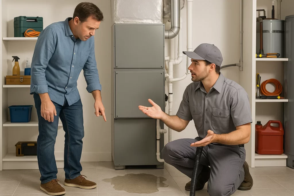 HVAC tech talking to a homeowner about his lieaking ac unit.