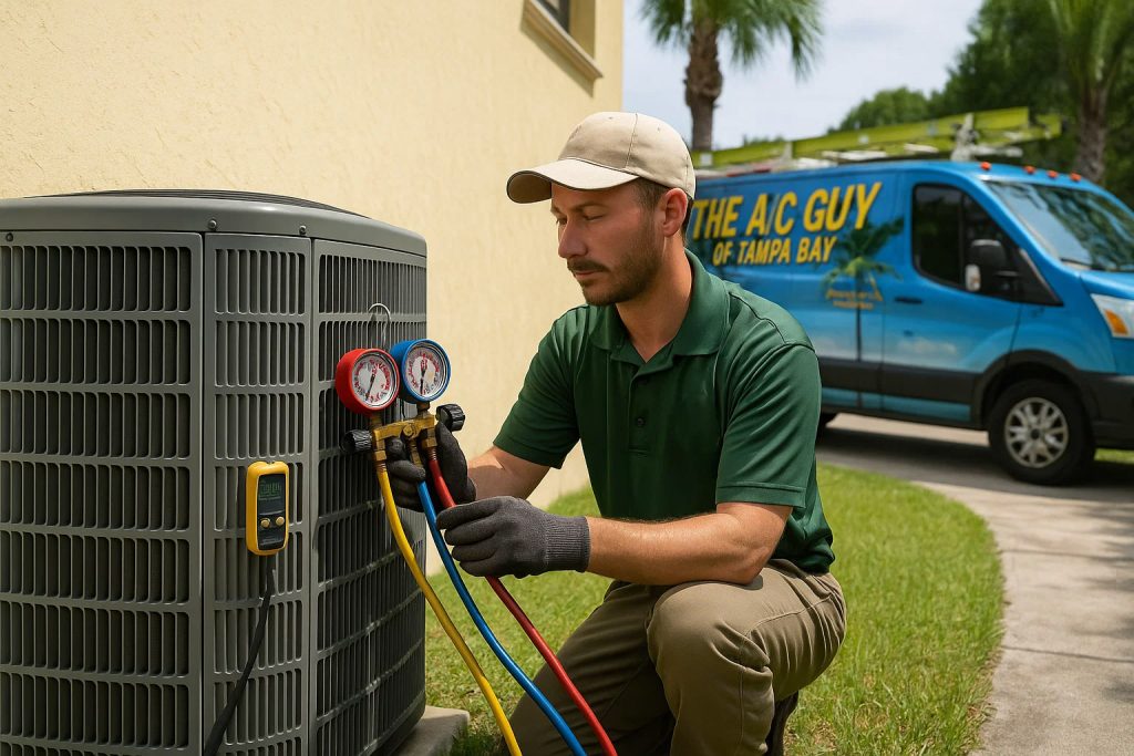 HVAC technician in Florida inspects AC refrigerant lines using manifold gauge set.