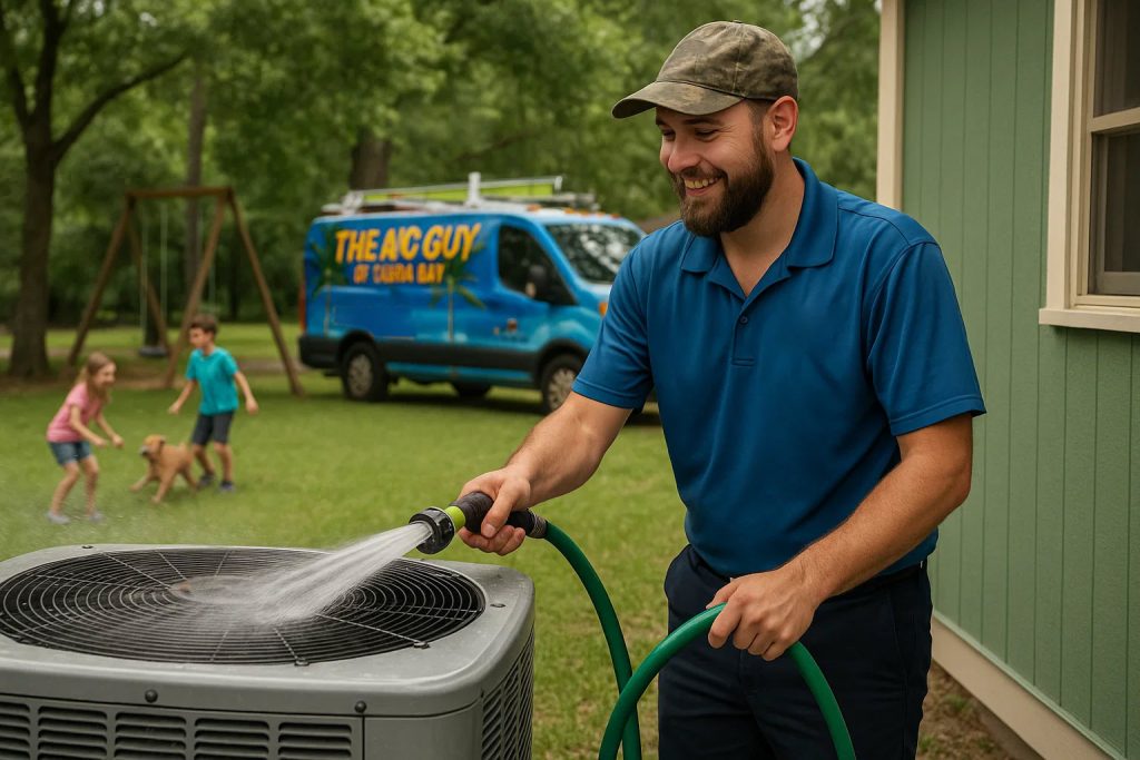 HVAC technician hosing off an AC condenser unit