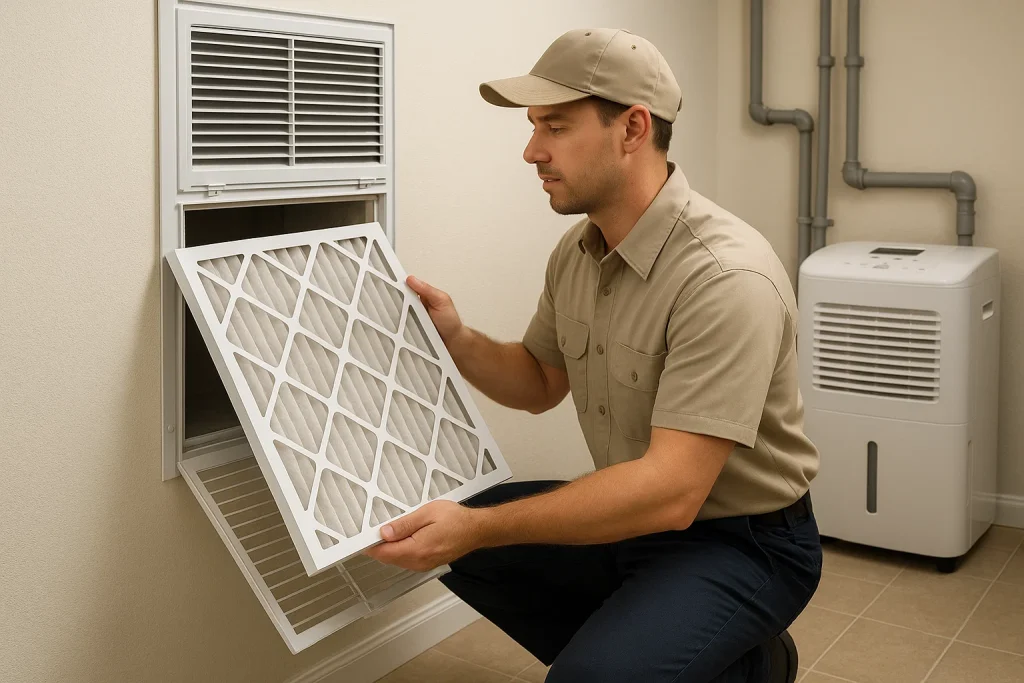 Technician showing how to install high‑efficiency filter and dehumidifier in Tampa home