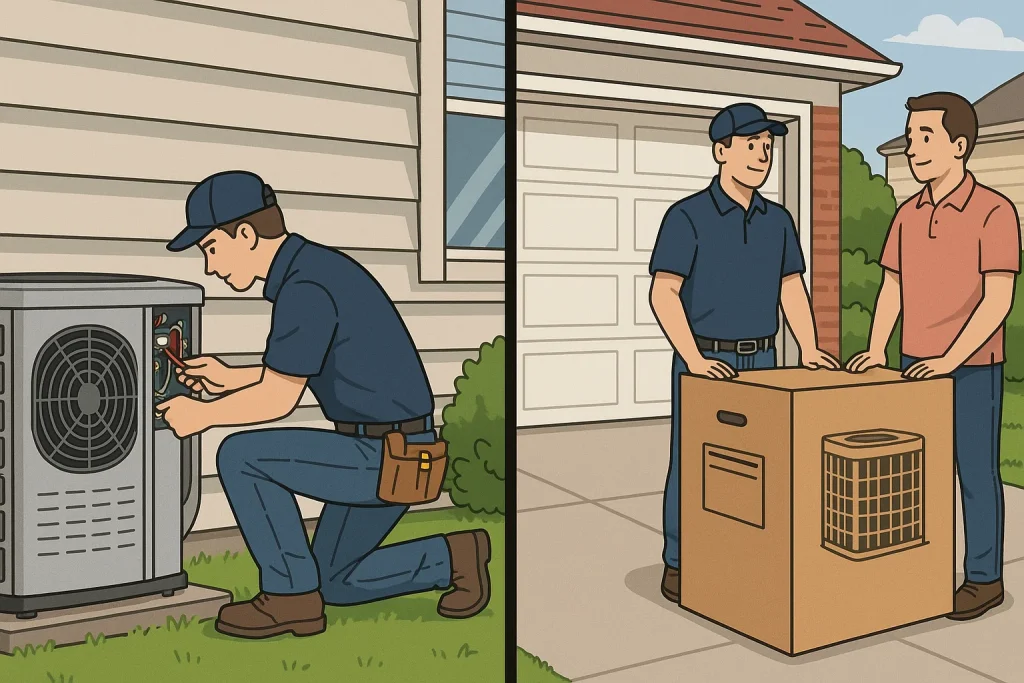 A split screen image of an hvac tech working on an ac unit and on the other side a new ac unit being delivered.