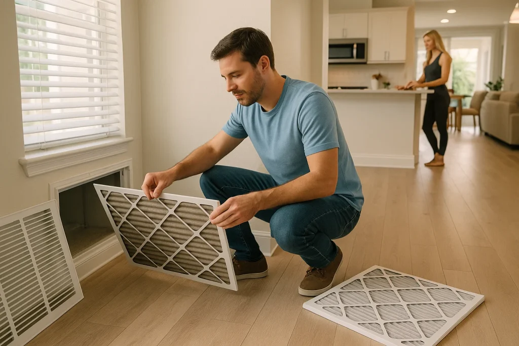 Homeowner replacing dirty HVAC filter in Tampa living room.