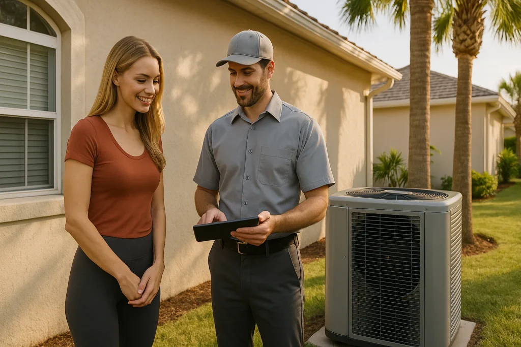 Florida homeowner reviewing year-end HVAC rebate steps with technician by heat pump