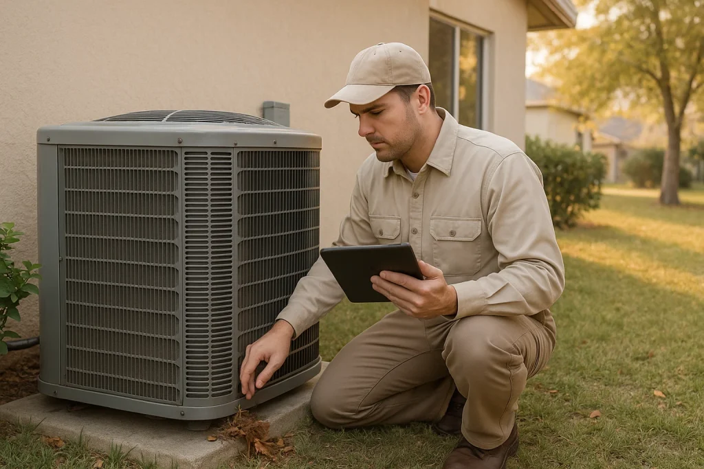 technician inspecting outdoor AC condenser unit at Tampa home during fall tune‑up