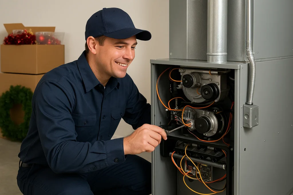 HVAC technician performing maintenance before the holiday season.