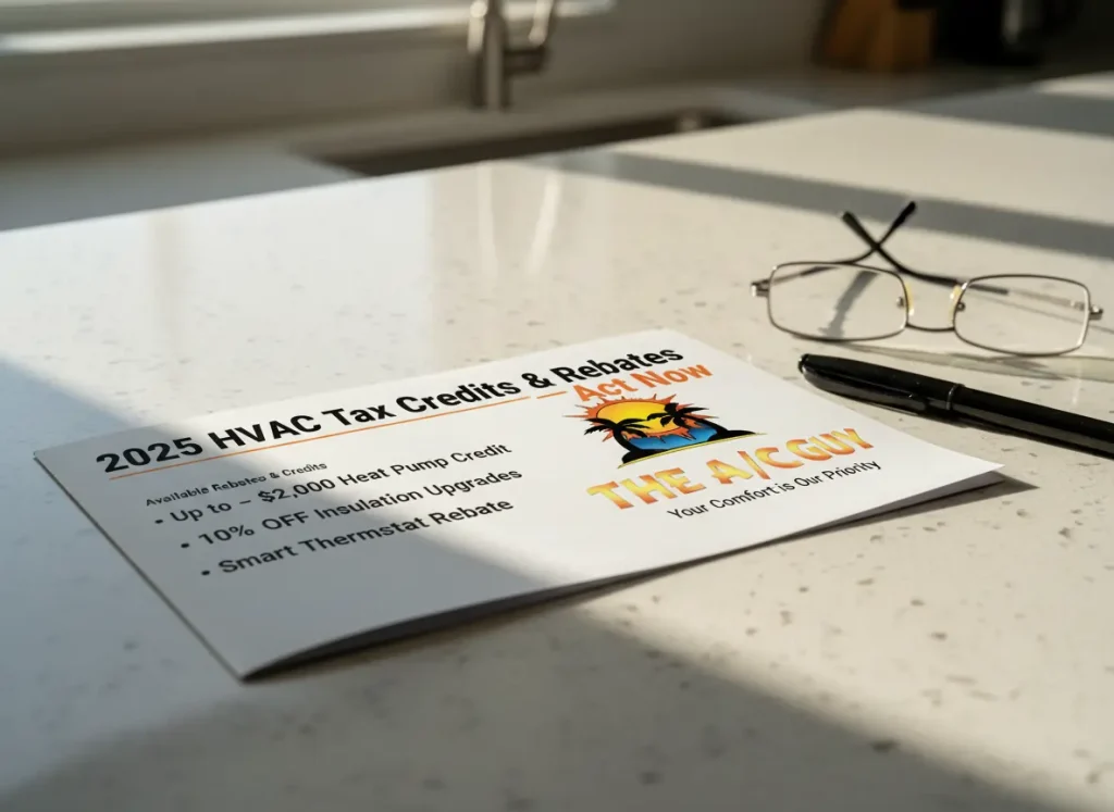 Close‑up of HVAC tax credit brochure on kitchen counter showing rebate and credit deadlines