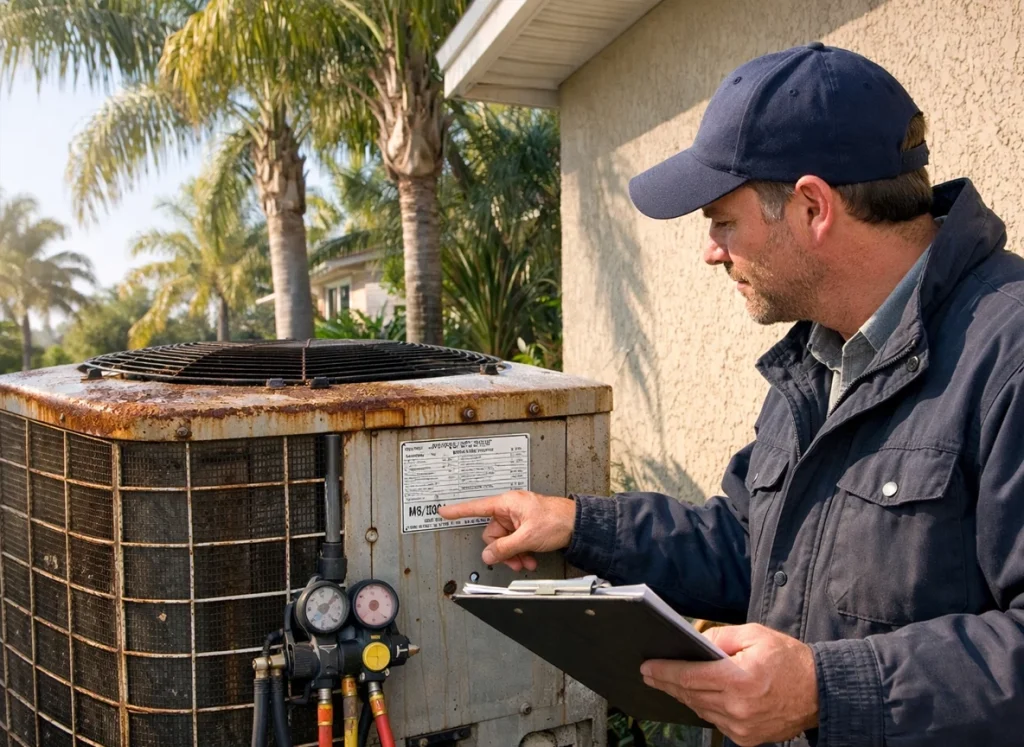 HVAC technician examining an old outdoor AC unit for signs of replacement in a Florida home.