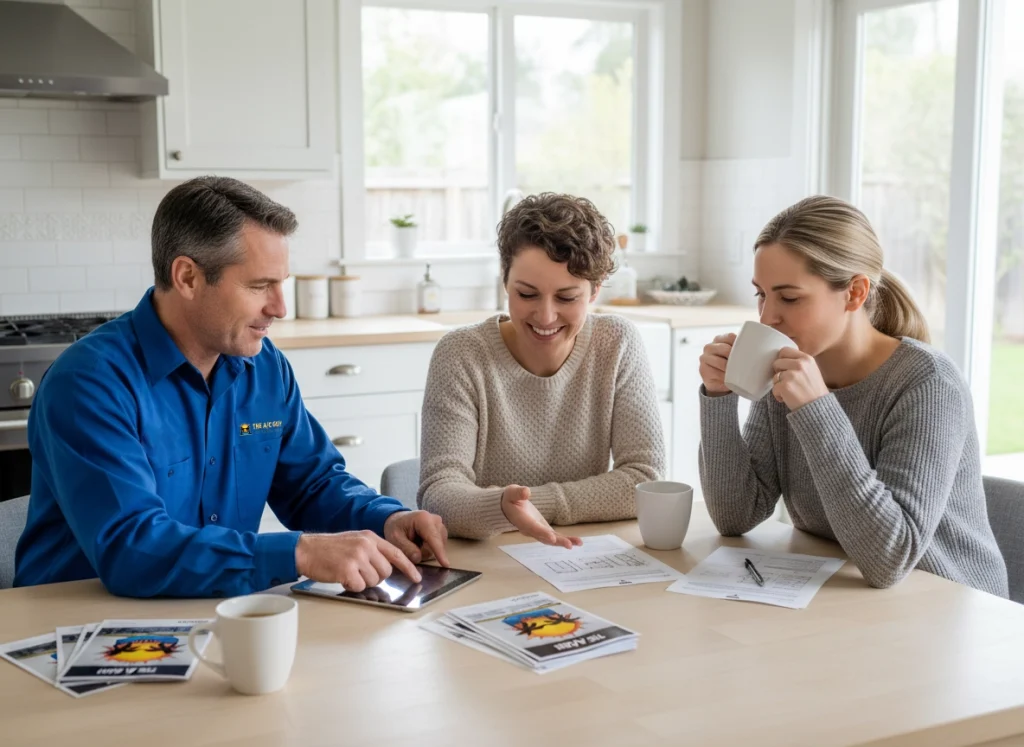 An HVAC tech discussing a new furnace with a homeowner couple.