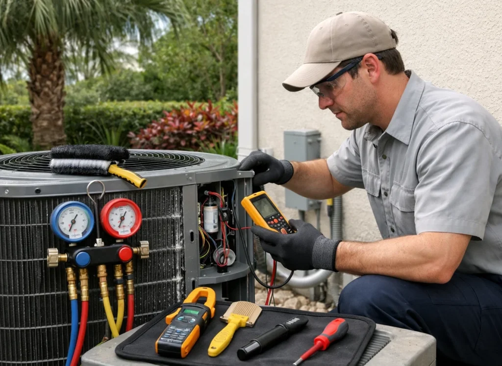 HVAC technician cleans condenser coil and checks refrigerant and electricals in Tampa