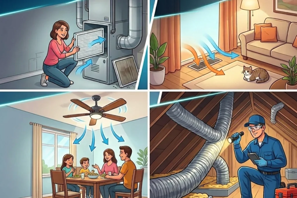 A four panel info graphic on easy ways to improve airflow in your home