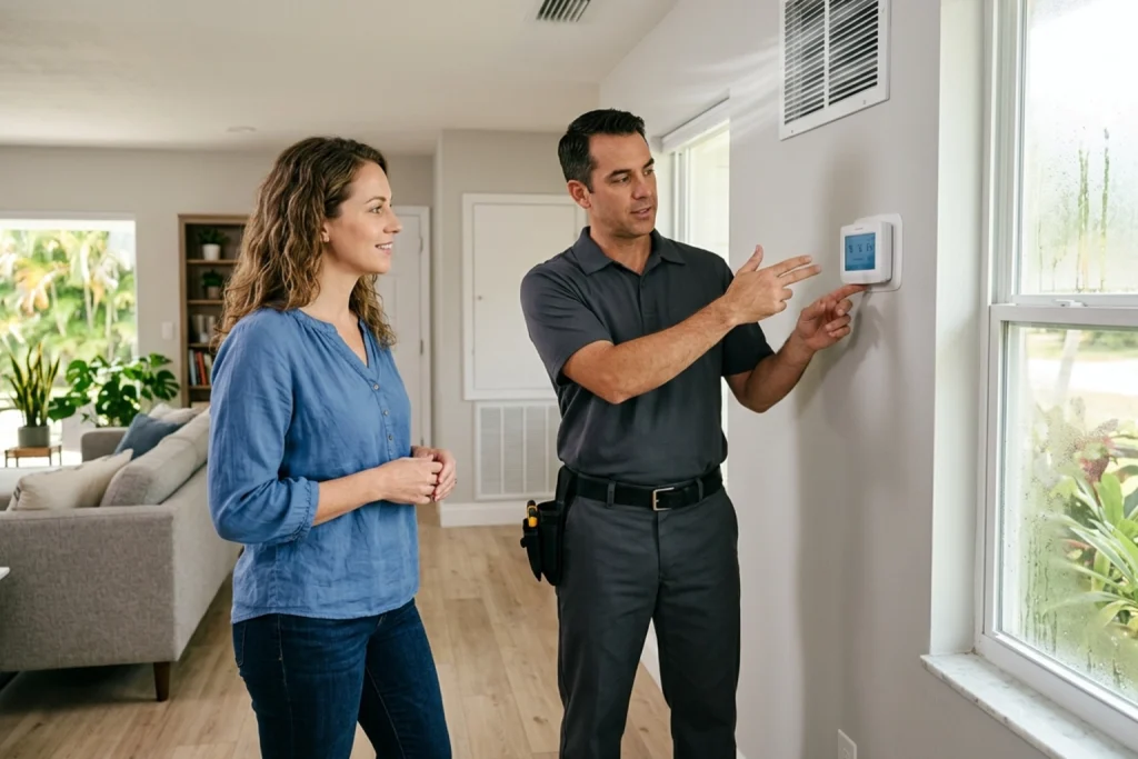 HVAC technician inspecting humidity control components in Florida home