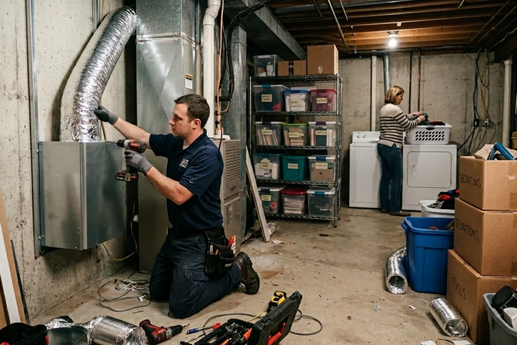 HVAC technician servicing whole-home dehumidifier system