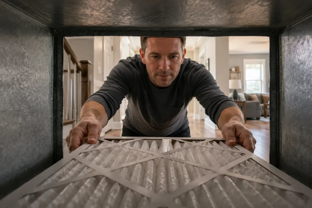 A homeowner replaces an air filter in a residential home.