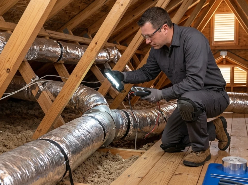HVAC technician inspecting attic ductwork causing uneven cooling in Tampa