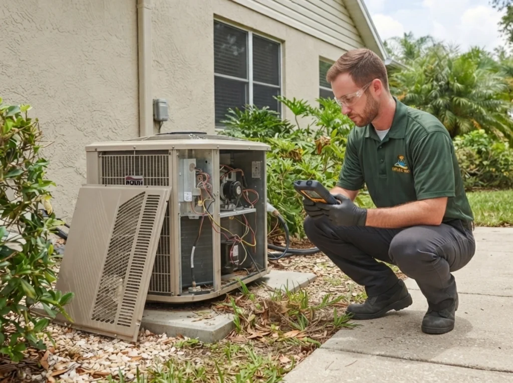 Technician diagnosing an air conditioner that runs constantly