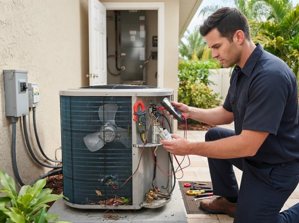 HVAC technician checking storm-related electrical and airflow problems