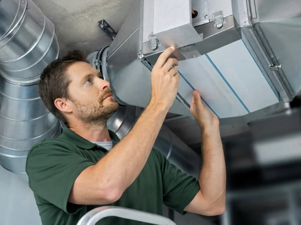 An HVAC technician installing a whole home air filtration system